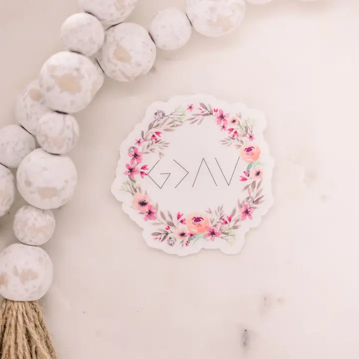 God Is Greater Floral Clear, Vinyl Sticker, 3"x3"